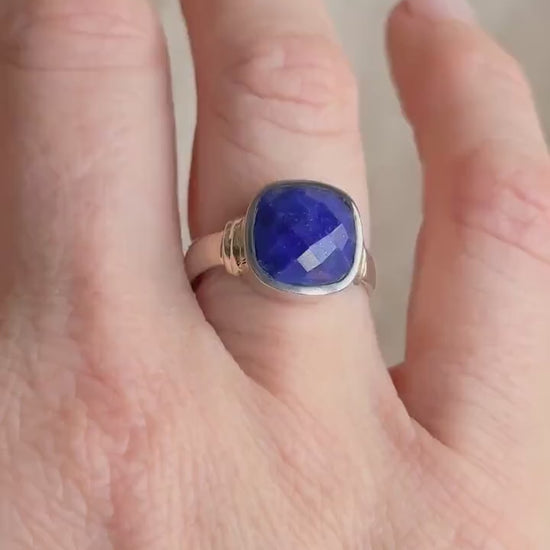 Vintage Lapis Lazuli Sterling Silver Ring, Cushion Checkerboard Statement Boho Jewelry