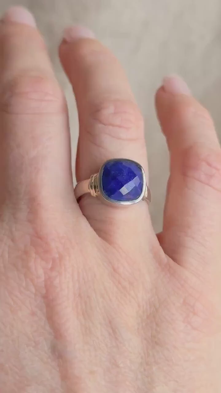 Vintage Lapis Lazuli Sterling Silver Ring, Cushion Checkerboard Statement Boho Jewelry