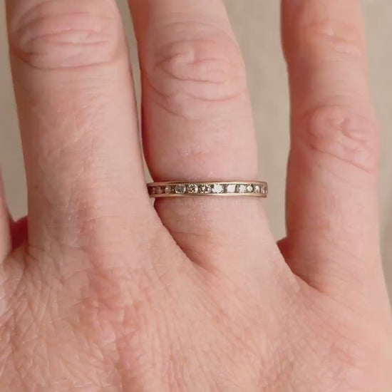 Vintage Diamond Wedding Band, 14k Gold, Round Cut Channel Set Minimalist Ring, Stacking Band
