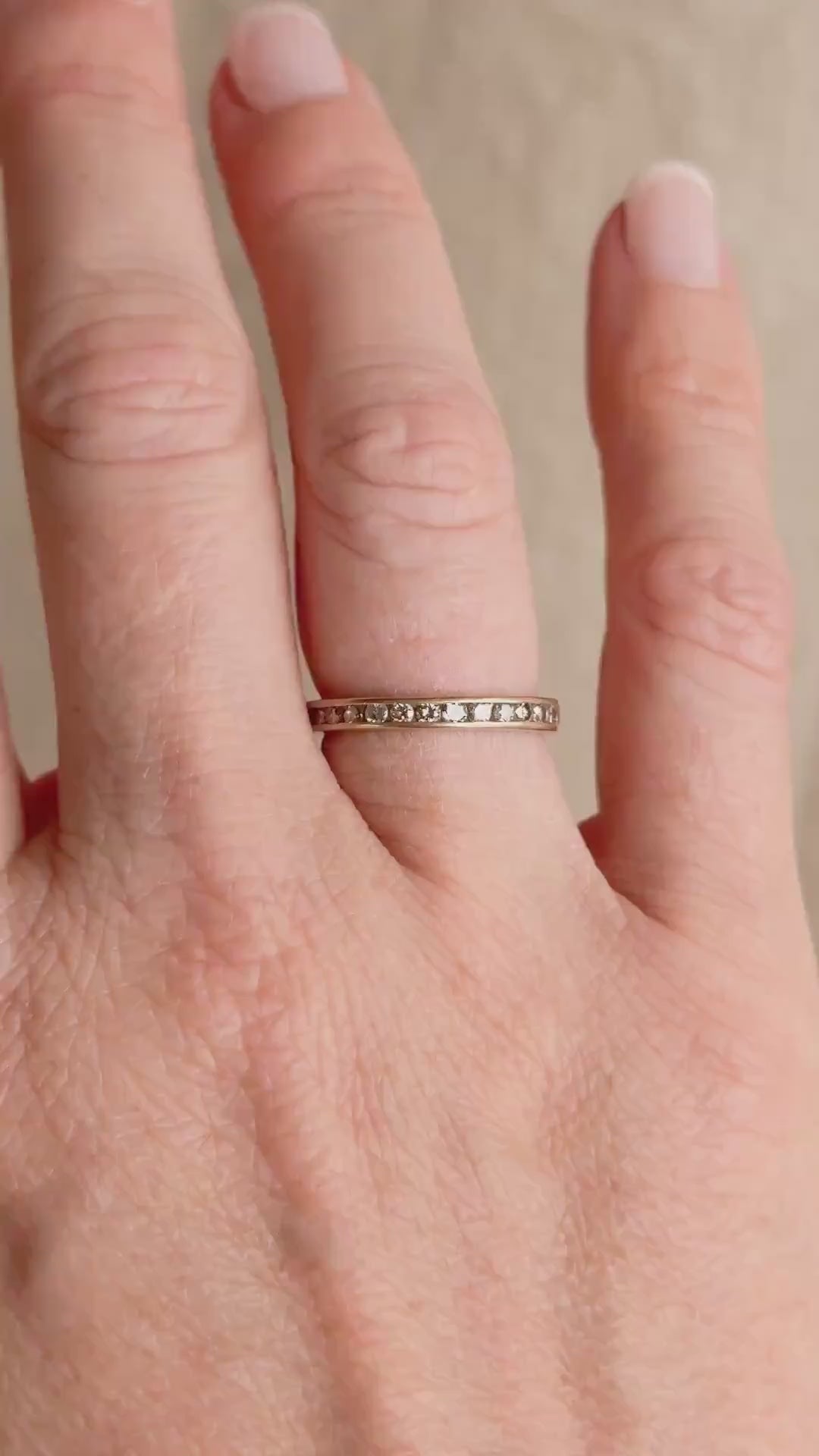 Vintage Diamond Wedding Band, 14k Gold, Round Cut Channel Set Minimalist Ring, Stacking Band