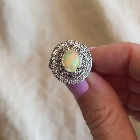 Vintage Ethiopian Opal Filigree Ring, Sterling Silver Statement Cocktail Jewelry