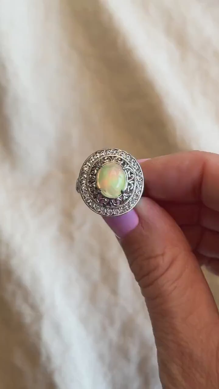 Vintage Ethiopian Opal Filigree Ring, Sterling Silver Statement Cocktail Jewelry