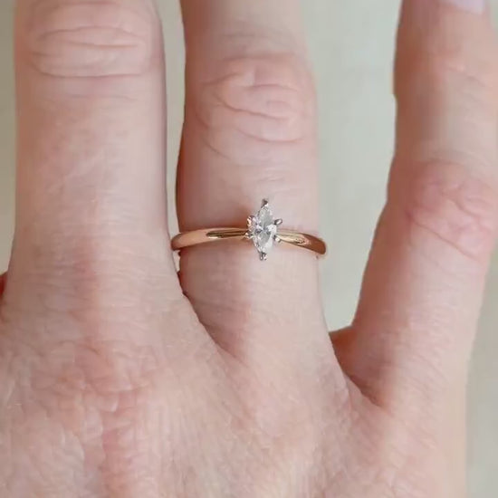 Vintage Diamond Engagement Ring, Marquise Cut, 14k Gold, 1990s Solitaire Prong Setting
