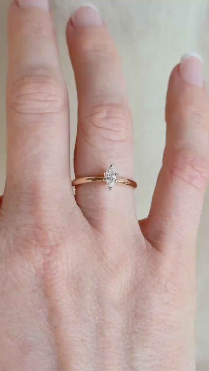 Vintage Diamond Engagement Ring, Marquise Cut, 14k Gold, 1990s Solitaire Prong Setting