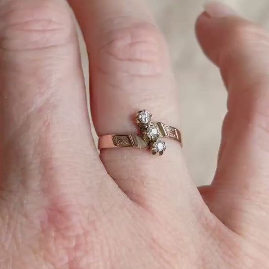 Antique Diamond Engagement Ring, Rose Cut, 10k Gold, 1890s Three-Stone Art Nouveau Bridal Ring