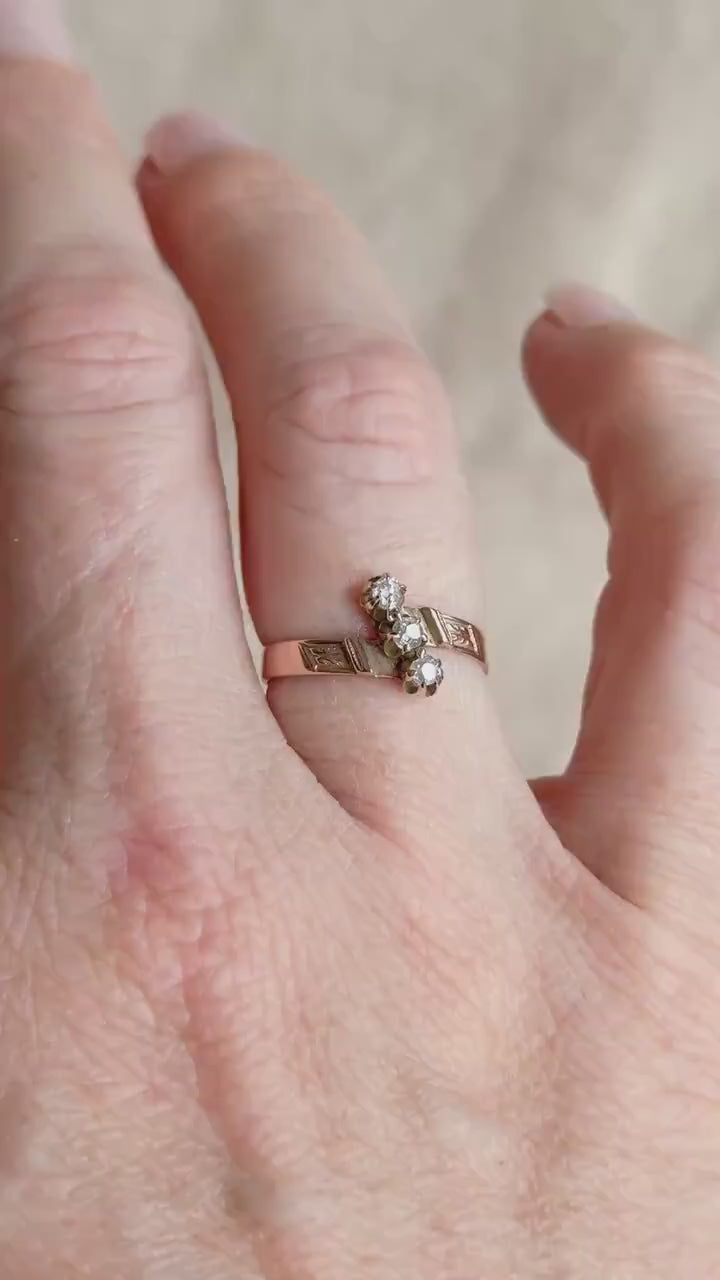 Antique Diamond Engagement Ring, Rose Cut, 10k Gold, 1890s Three-Stone Art Nouveau Bridal Ring