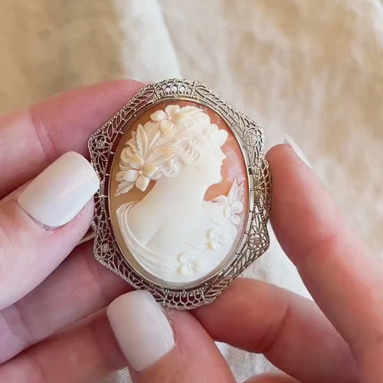 Vintage Cameo Brooch in 10k White Gold