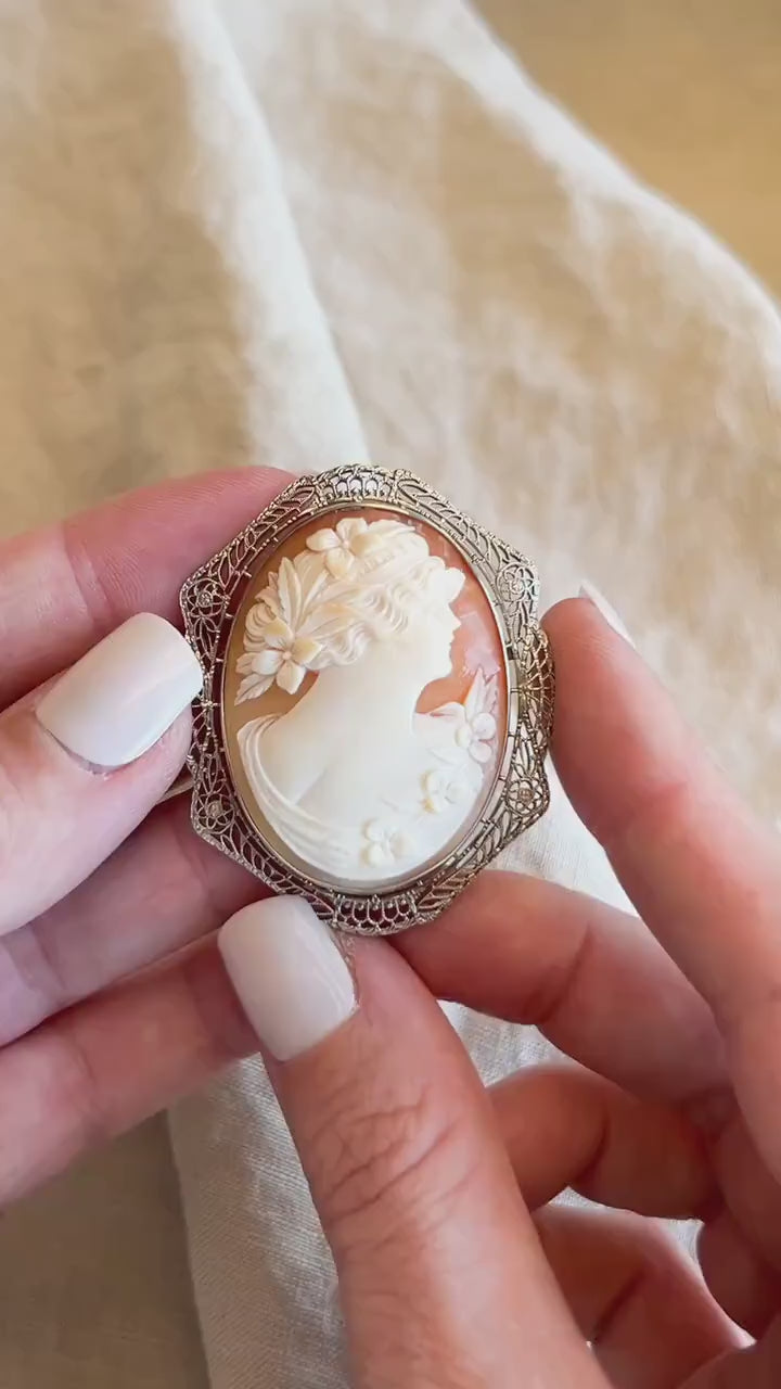 Vintage Cameo Brooch in 10k White Gold