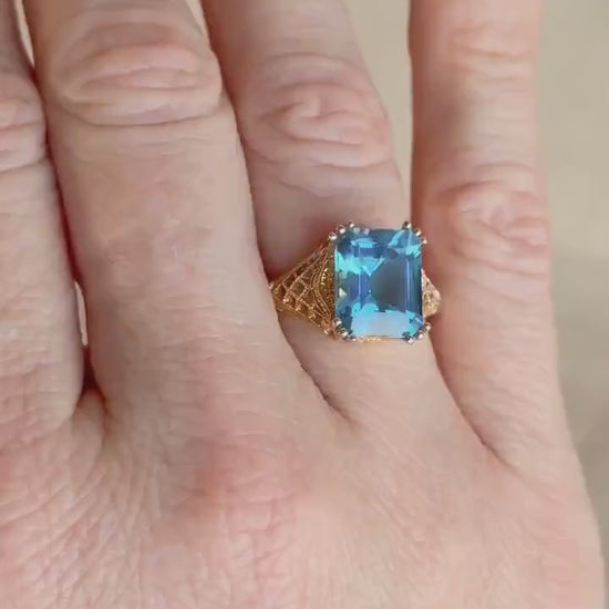 Vintage 1990s Blue Topaz Filigree Gemstone Ring, 14k Gold