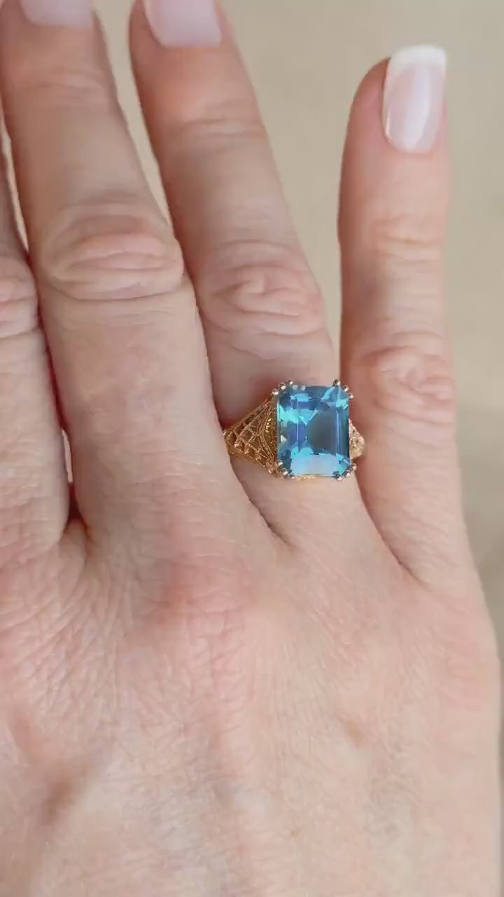 Vintage 1990s Blue Topaz Filigree Gemstone Ring, 14k Gold