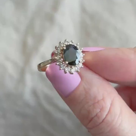 Vintage Sapphire and Diamond Halo Engagement Ring, Oval Cut, 14k Gold, Bridal Ring