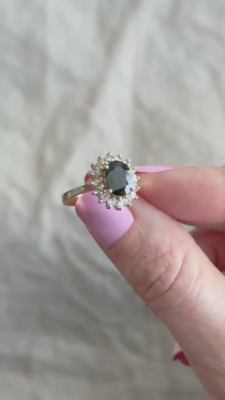 Vintage Sapphire and Diamond Halo Engagement Ring, Oval Cut, 14k Gold, Bridal Ring