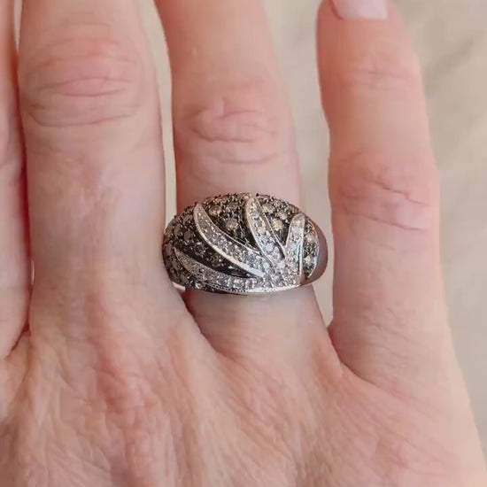 Vintage Pave Chocolate Diamond Floral Dome Ring in 10k White Gold