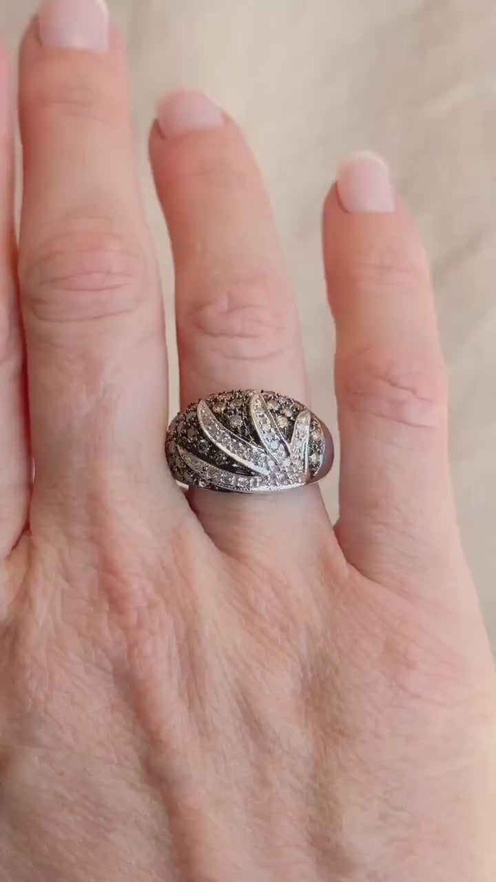 Vintage Pave Chocolate Diamond Floral Dome Ring in 10k White Gold