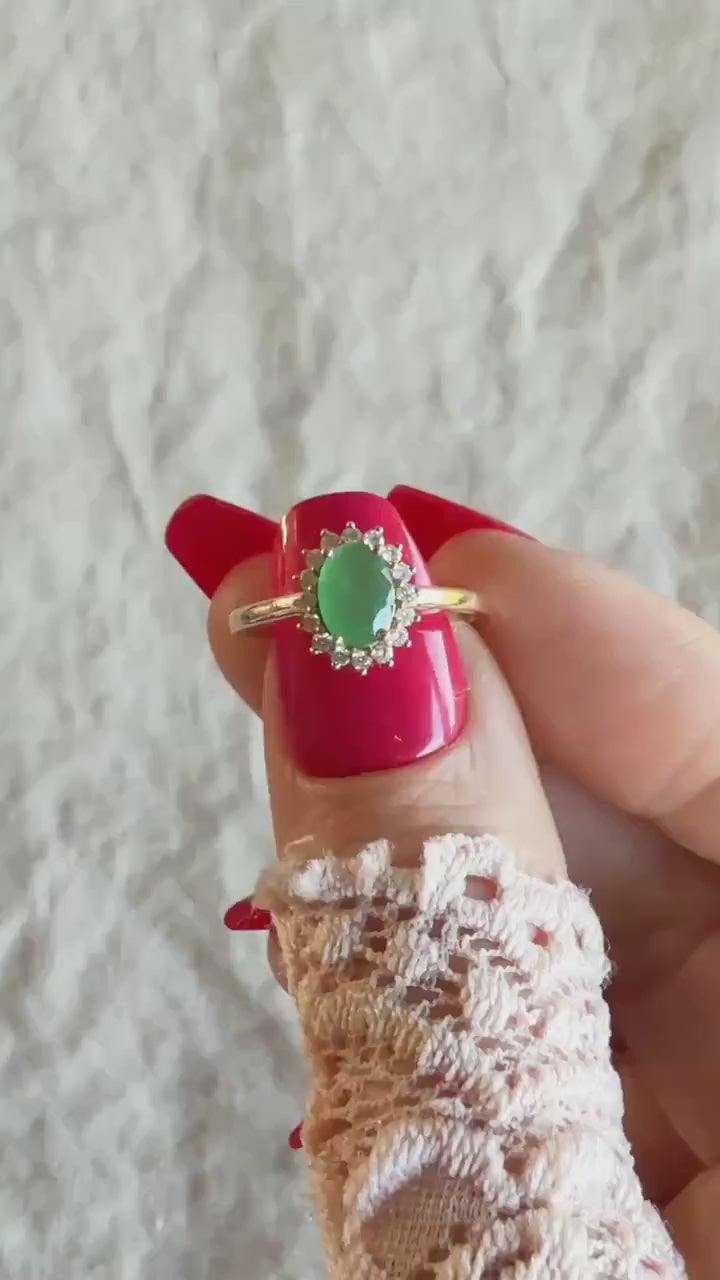 Vintage Emerald and Diamond Halo Ring in 10k Gold