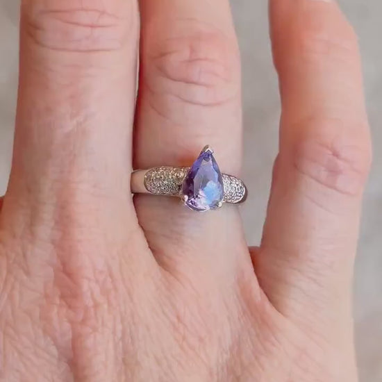 Vintage Tanzanite and Diamond Pave Gemstone Ring in 14k White Gold