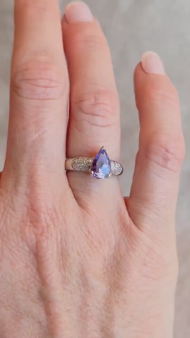 Vintage Tanzanite and Diamond Pave Gemstone Ring in 14k White Gold
