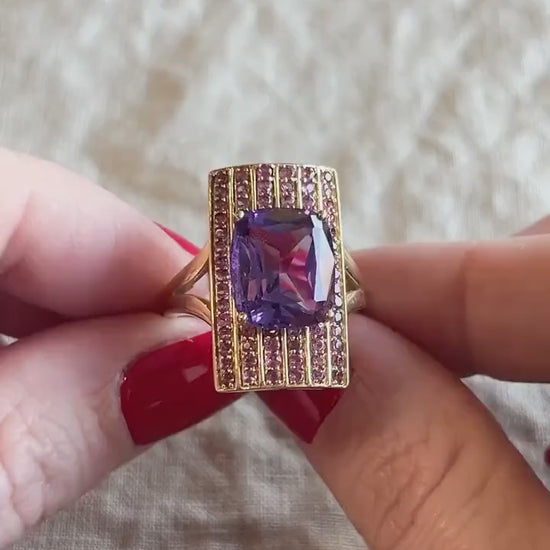 Vintage Amethyst and Tourmaline Gemstone Ring in 14k Gold