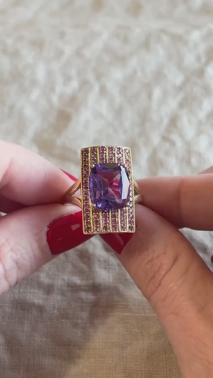 Vintage Amethyst and Tourmaline Gemstone Ring in 14k Gold