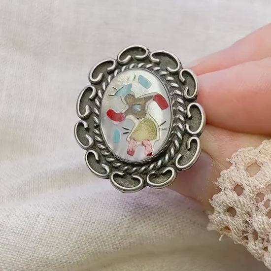 Vintage Sterling Silver Dancer Ring, Mother of Pearl Coral Inlay, Boho Statement Jewelry