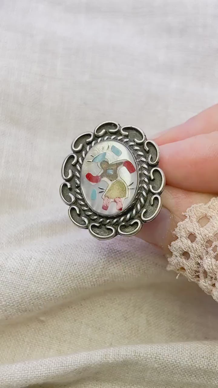 Vintage Sterling Silver Dancer Ring, Mother of Pearl Coral Inlay, Boho Statement Jewelry