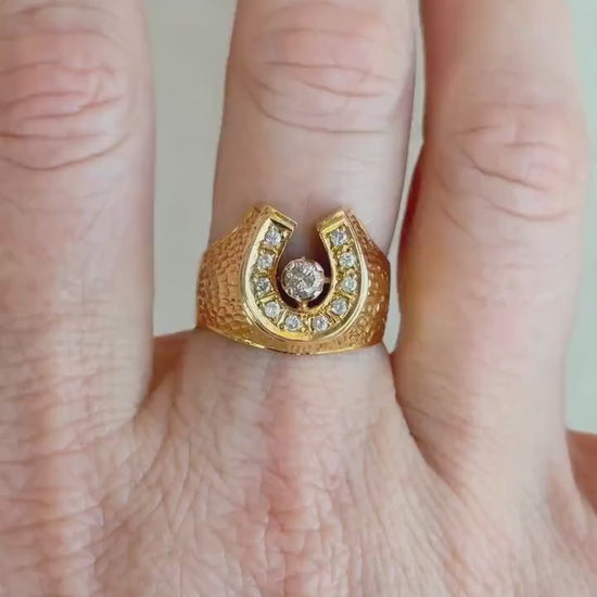 Vintage Diamond Wedding Band, 14k Gold, Mens Signet Horseshoe Statement Ring, Anniversary Band