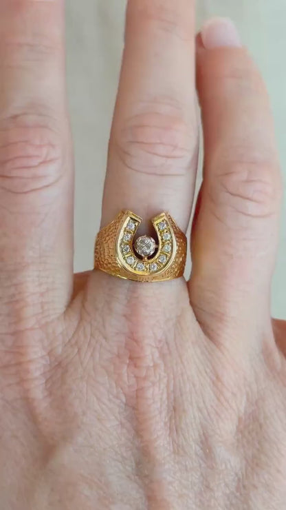 Vintage Diamond Wedding Band, 14k Gold, Mens Signet Horseshoe Statement Ring, Anniversary Band