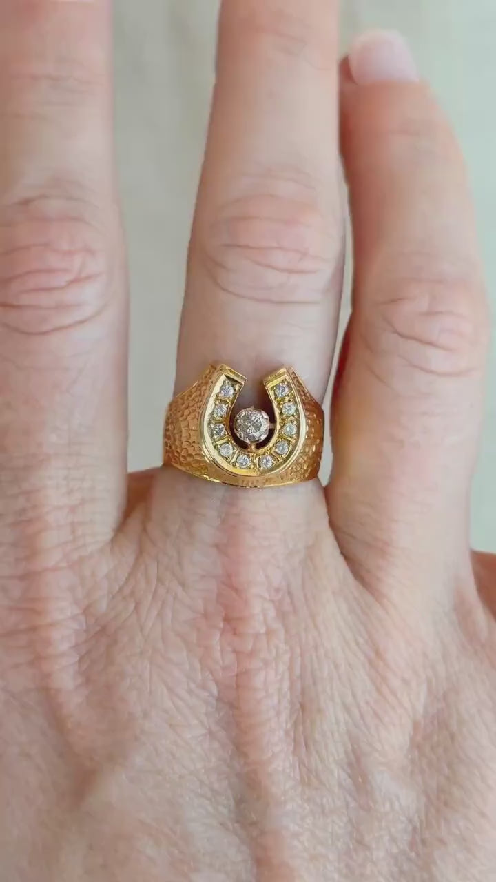 Vintage Diamond Wedding Band, 14k Gold, Mens Signet Horseshoe Statement Ring, Anniversary Band
