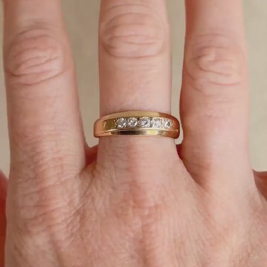 Vintage Diamond Wedding Band, 14k Gold, Wide Round Cut Mens Ring, Stacking Band