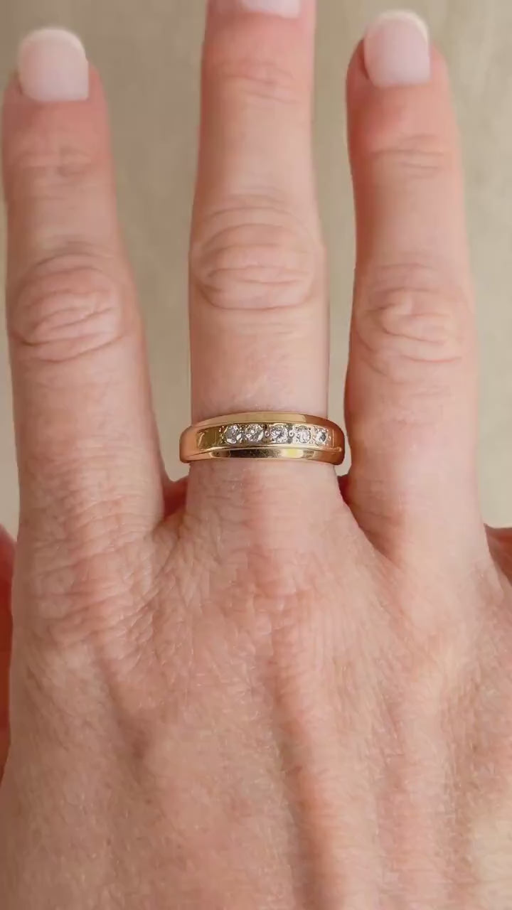 Vintage Diamond Wedding Band, 14k Gold, Wide Round Cut Mens Ring, Stacking Band