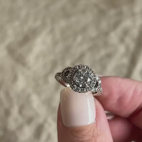 Vintage Diamond Engagement Ring, Round Cut, 14k White Gold, 2000s Ornate Halo Bridal Ring