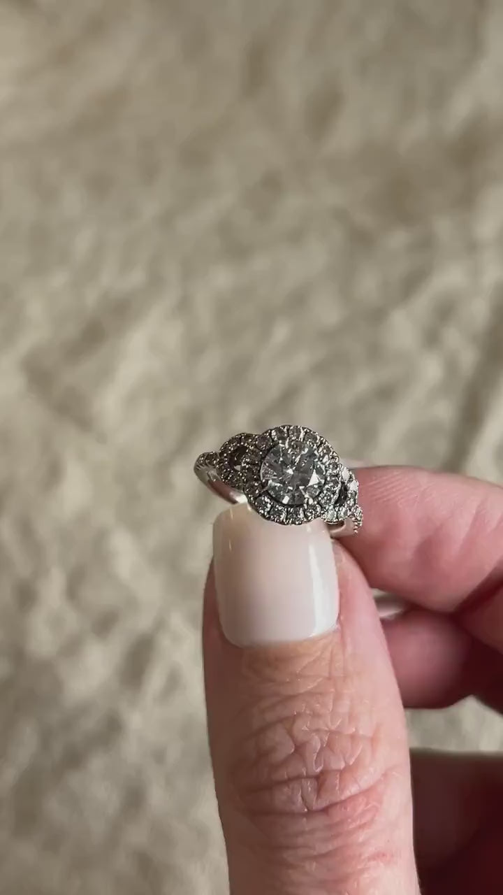 Vintage Diamond Engagement Ring, Round Cut, 14k White Gold, 2000s Ornate Halo Bridal Ring