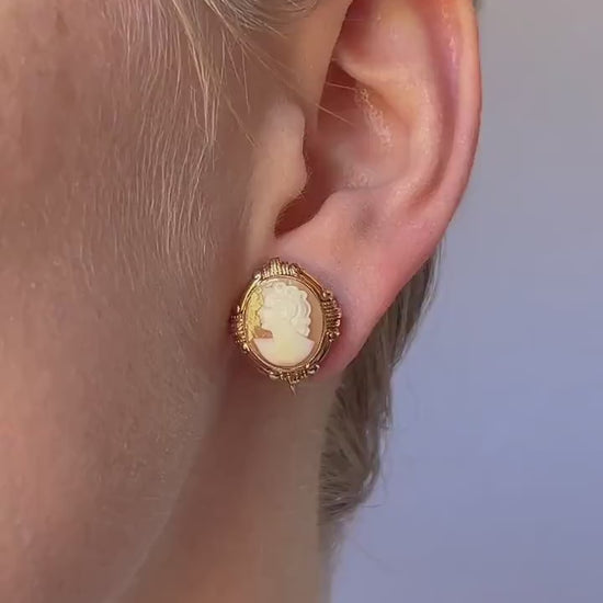 Vintage Clip On Cameo Earrings in 14k Gold