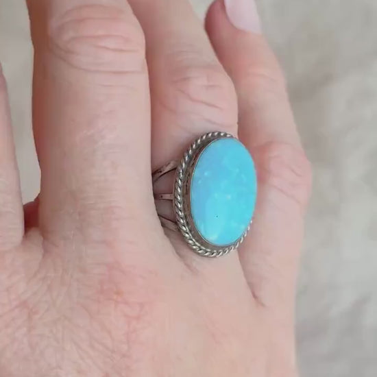 Vintage Turquoise Sterling Silver Oval Statement Ring, Boho Artisan Jewelry