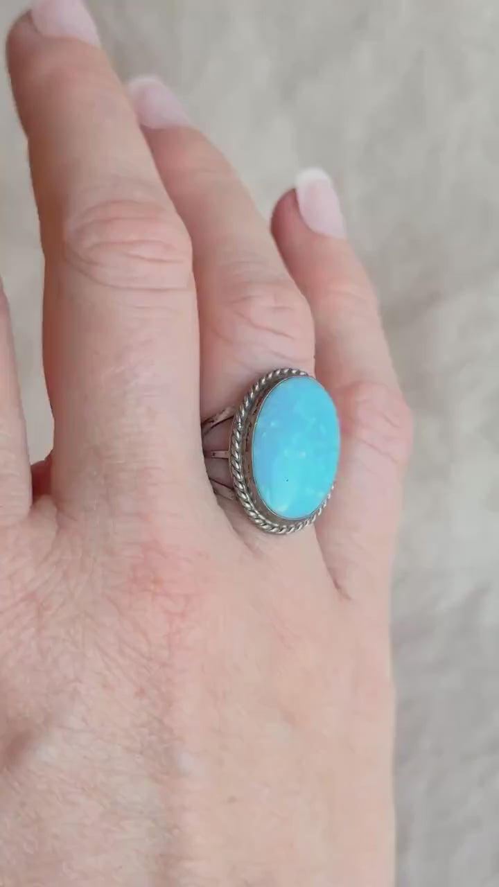 Vintage Turquoise Sterling Silver Oval Statement Ring, Boho Artisan Jewelry