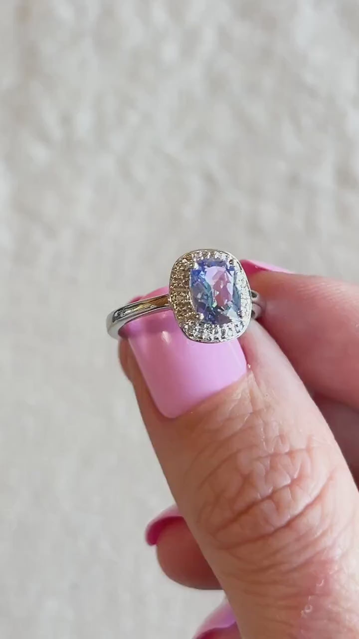 Vintage Mystic Topaz Gemstone Halo Ring in 14k White Gold