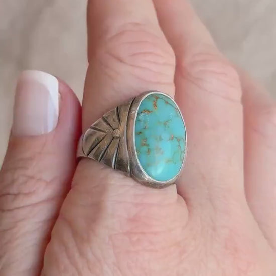 Vintage Sterling Silver Turquoise Statement Ring, Oval Matrix Boho Jewelry