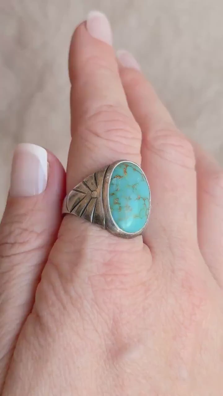 Vintage Sterling Silver Turquoise Statement Ring, Oval Matrix Boho Jewelry