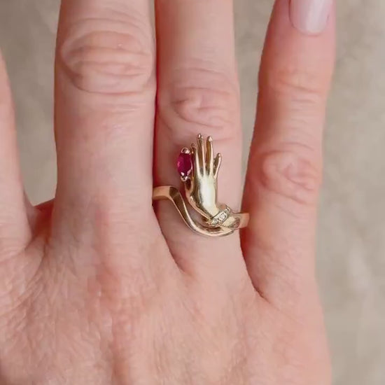 Vintage 1990s Ruby Hand Ring in 14k Gold