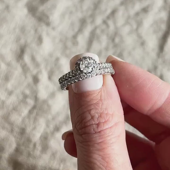 Vintage Diamond Engagement & Wedding Ring Set, Round Cut, 14k White Gold, 1990s Halo Setting