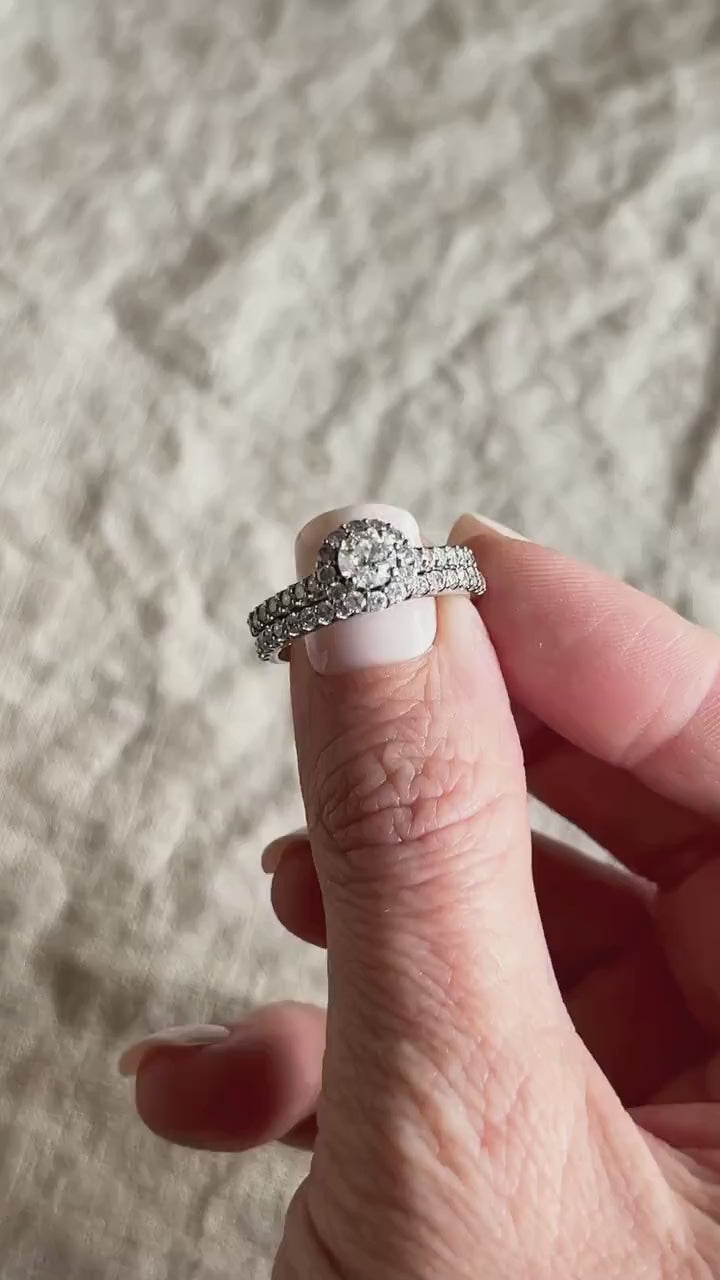 Vintage Diamond Engagement & Wedding Ring Set, Round Cut, 14k White Gold, 1990s Halo Setting