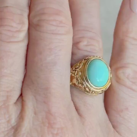Vintage Turquoise Ring, 14k Gold, Filigree Oval Bezel Statement Ring, Era Bold Jewelry