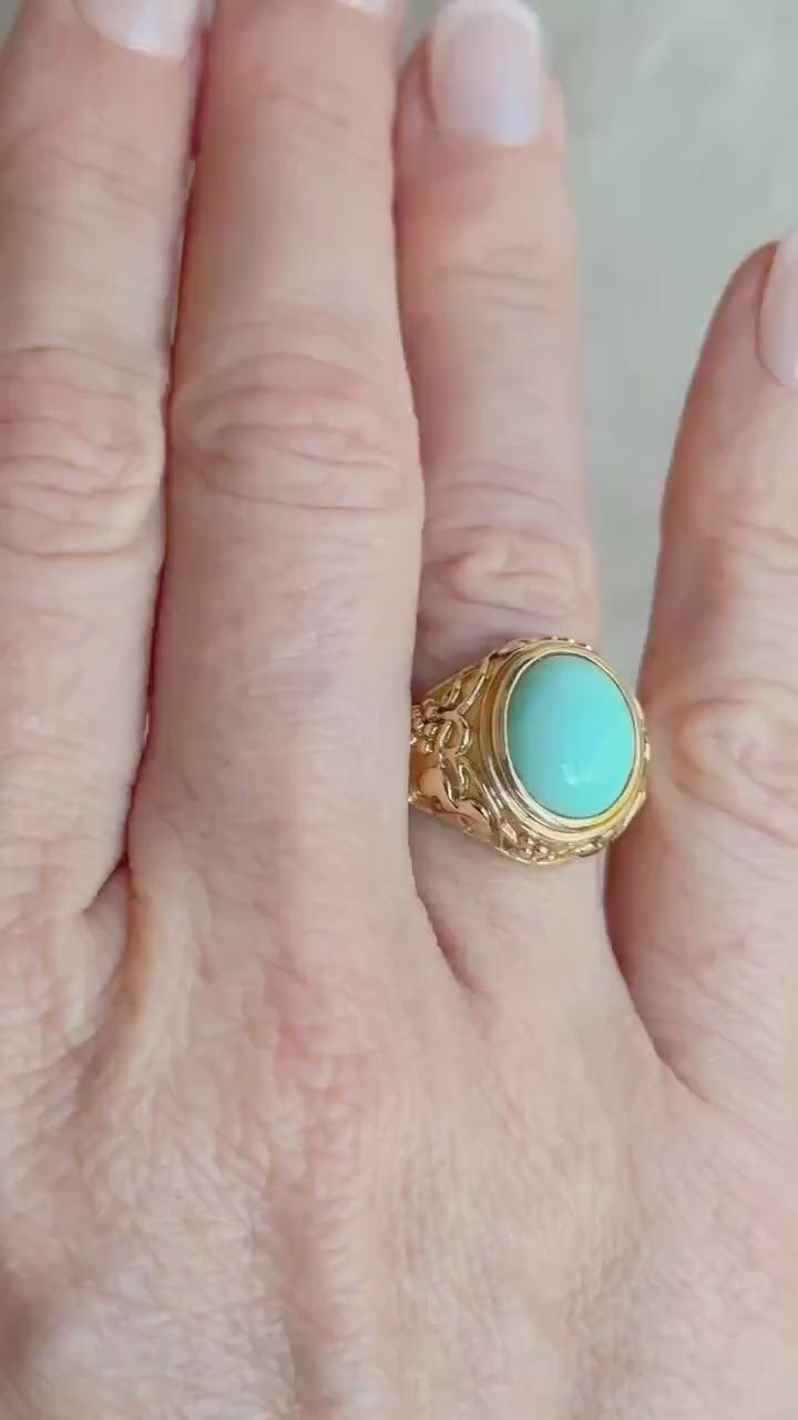 Vintage Turquoise Ring, 14k Gold, Filigree Oval Bezel Statement Ring, Era Bold Jewelry
