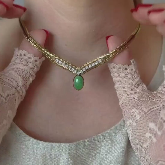 Vintage Jade and Diamond Necklace in 14k Gold