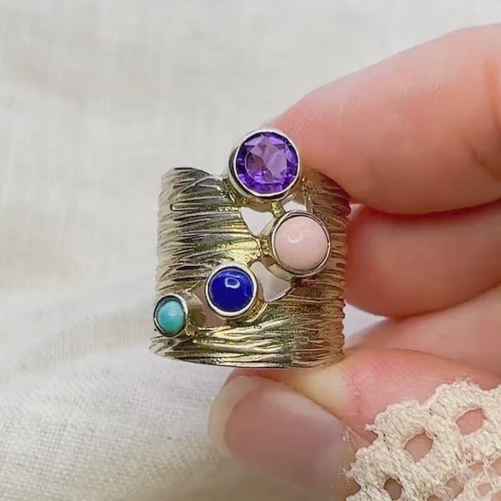 Vintage Multi-Gem Ring Sterling Silver, Modern Cluster Wide Band, Bold Everyday Ring