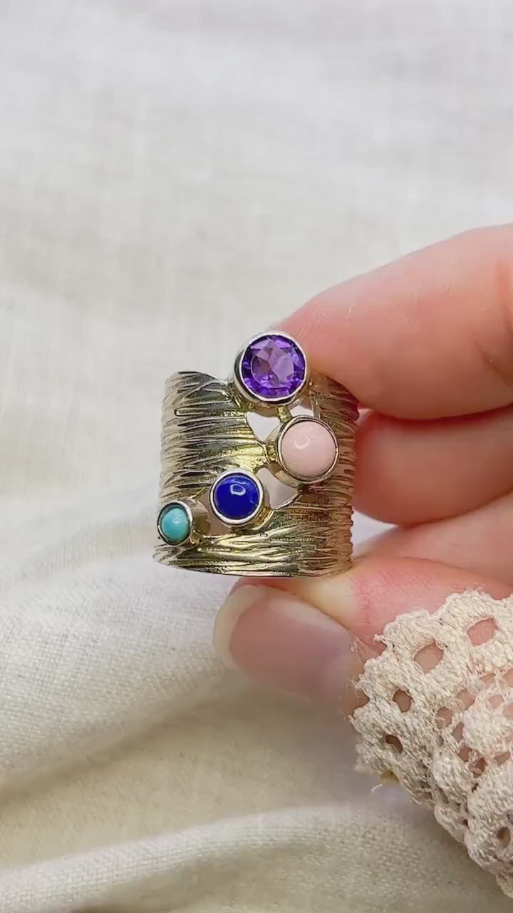 Vintage Multi-Gem Ring Sterling Silver, Modern Cluster Wide Band, Bold Everyday Ring