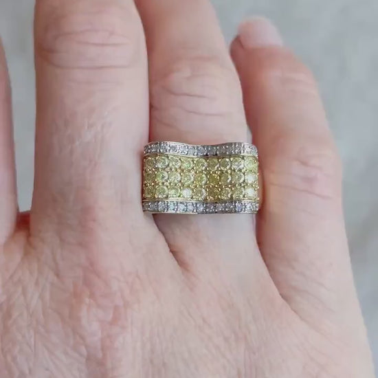 Vintage Yellow Diamond Statement Band, 14k Gold, Pave Ribbon Wave Ring