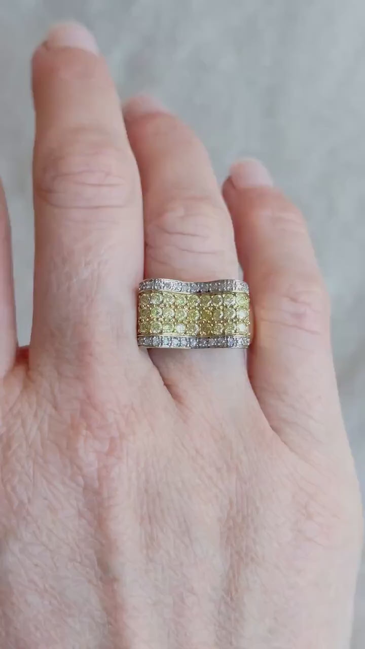 Vintage Yellow Diamond Statement Band, 14k Gold, Pave Ribbon Wave Ring