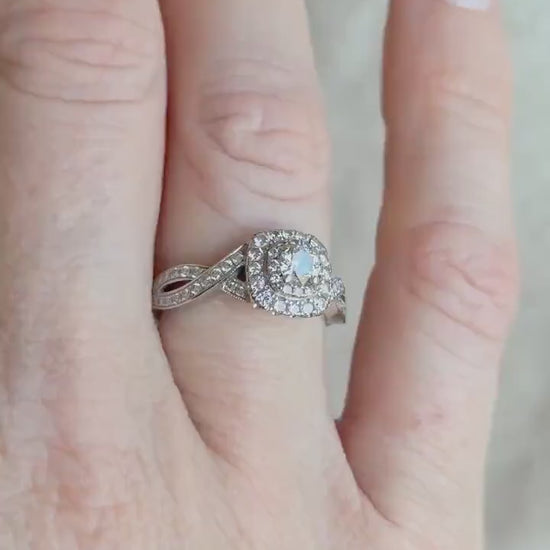 Vintage Diamond Engagement Ring, Round Cut, 14k White Gold, Neil Lane Cushion Halo Infinity