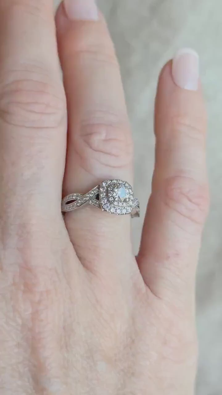 Vintage Diamond Engagement Ring, Round Cut, 14k White Gold, Neil Lane Cushion Halo Infinity
